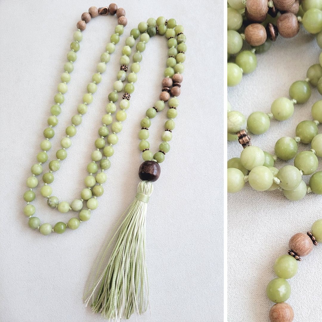 Collier Mala Jade vert et Bois de rose