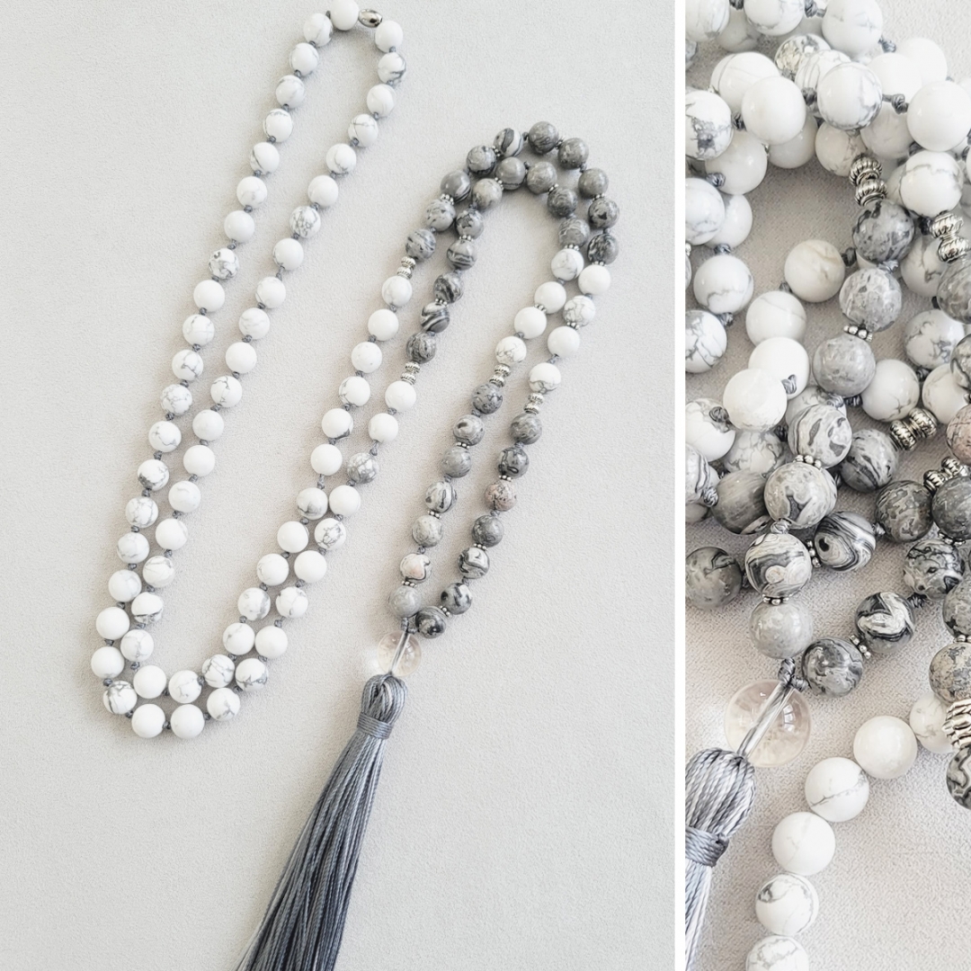 Collier Mala Jaspe Grise et Howlite